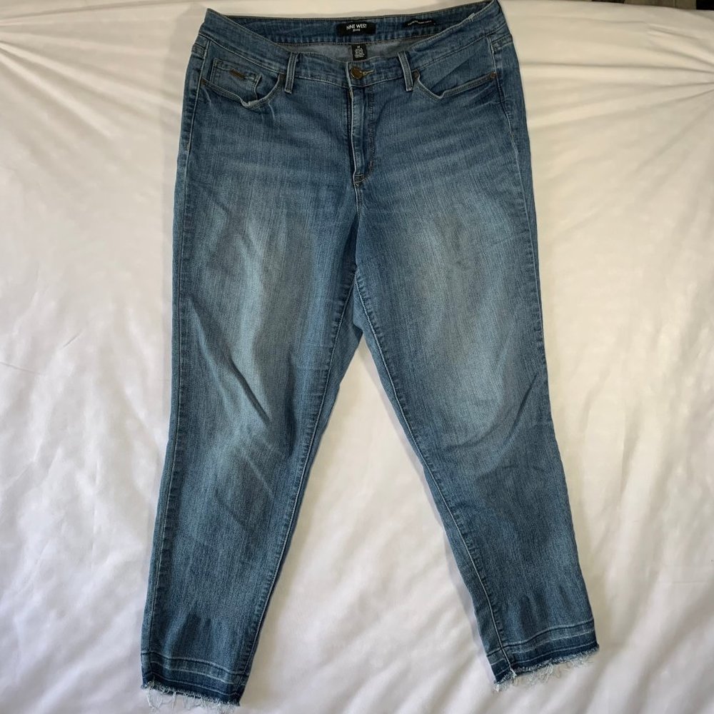 NINE WEST JEANS WOMENS 14 CIGARETTE SKINNY ANKLE BLUE MID RISE FRAY HEM
